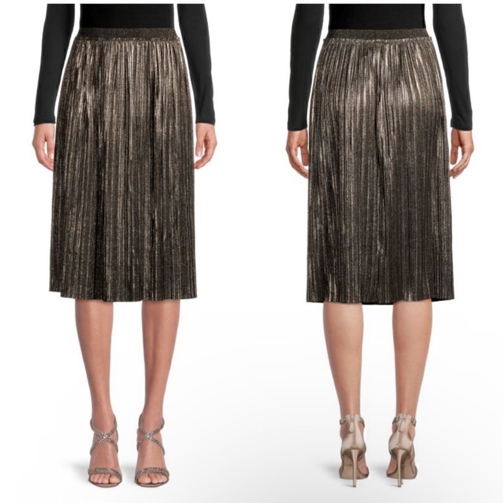 St John Metallic Foil Pleated Skirt Black Gold Accordion Sz Large NWT $1595